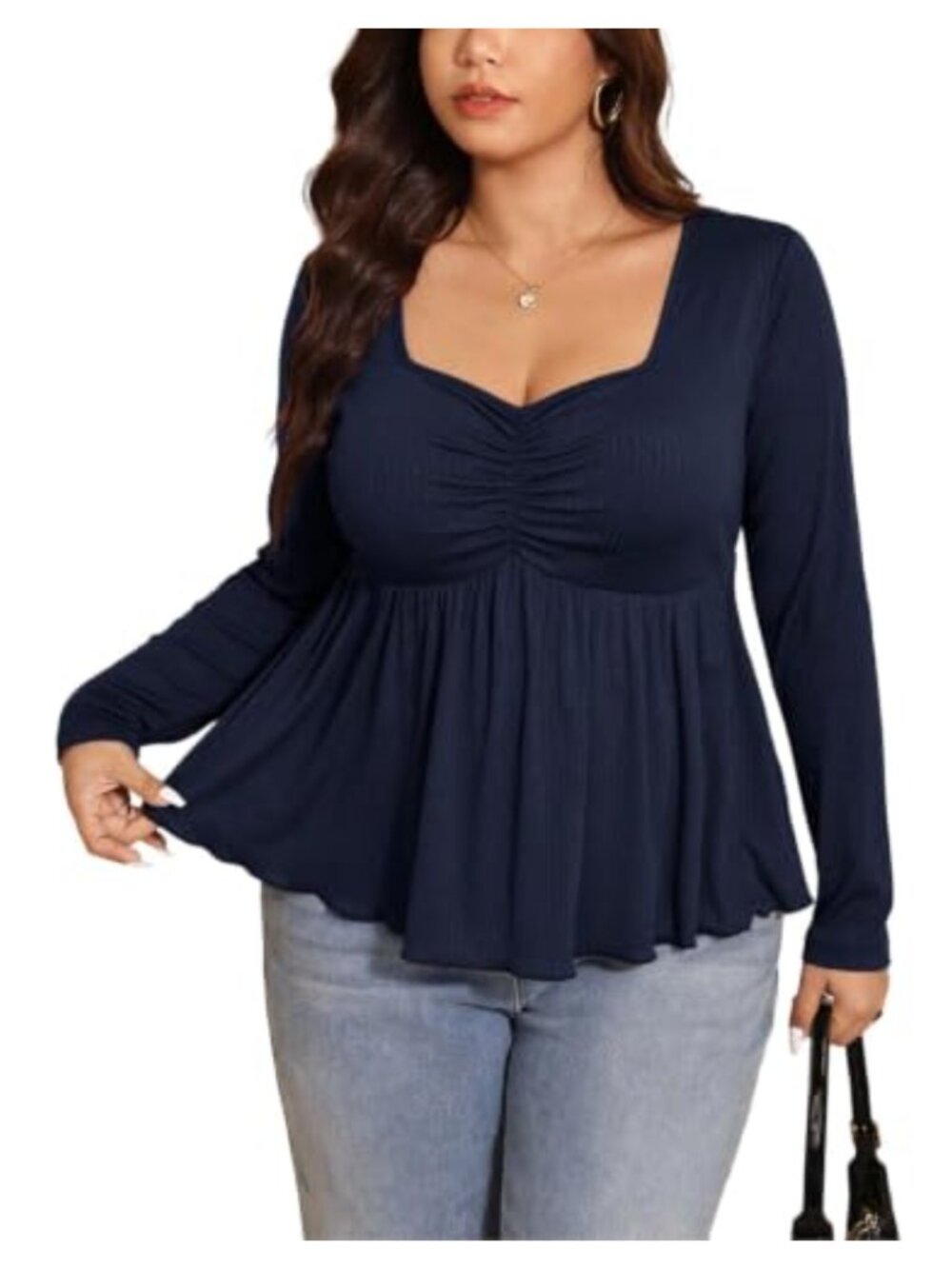 Women's Plus Size Long Sleeve Babydoll Peplum Top Ruched Sweetheart T-Shirt